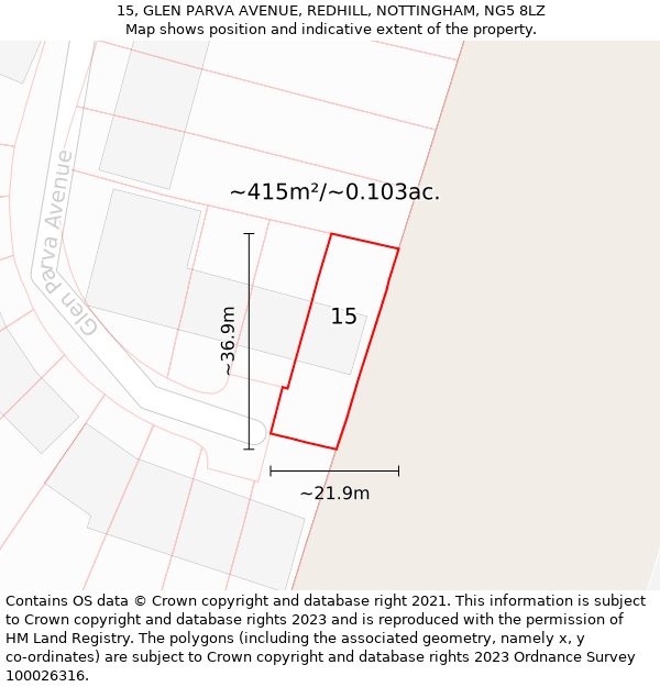 15, GLEN PARVA AVENUE, REDHILL, NOTTINGHAM, NG5 8LZ: Plot and title map