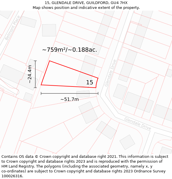 15, GLENDALE DRIVE, GUILDFORD, GU4 7HX: Plot and title map