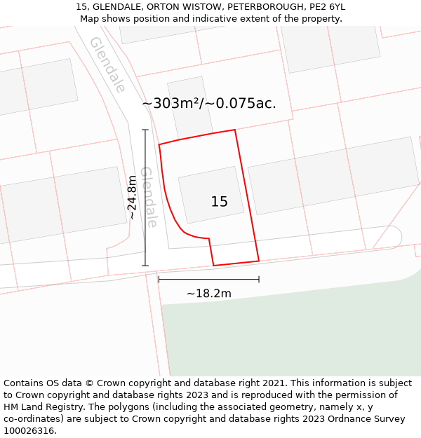 15, GLENDALE, ORTON WISTOW, PETERBOROUGH, PE2 6YL: Plot and title map