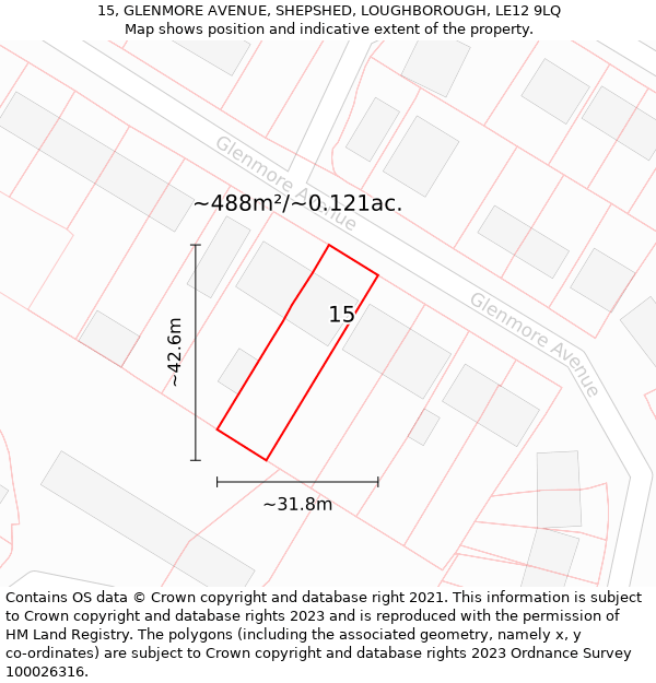 15, GLENMORE AVENUE, SHEPSHED, LOUGHBOROUGH, LE12 9LQ: Plot and title map