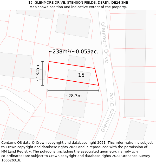 15, GLENMORE DRIVE, STENSON FIELDS, DERBY, DE24 3HE: Plot and title map