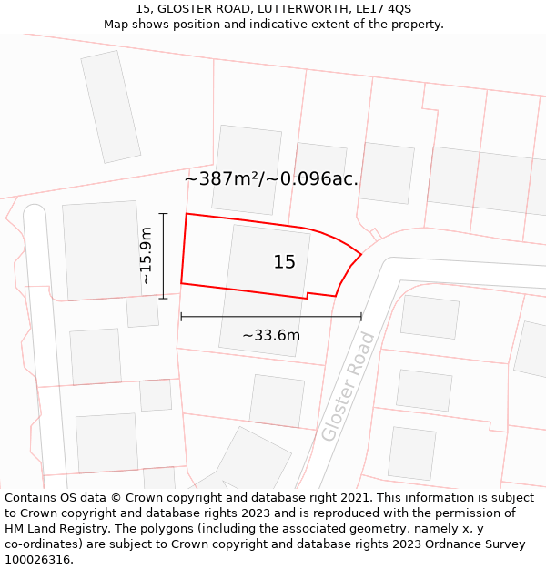 15, GLOSTER ROAD, LUTTERWORTH, LE17 4QS: Plot and title map