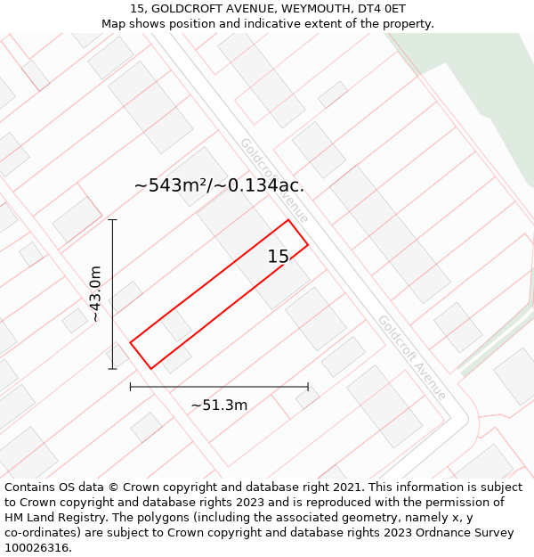 15, GOLDCROFT AVENUE, WEYMOUTH, DT4 0ET: Plot and title map