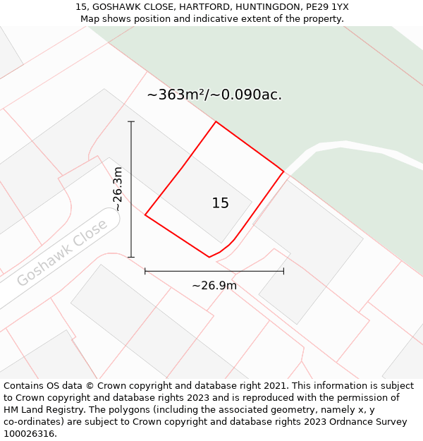 15, GOSHAWK CLOSE, HARTFORD, HUNTINGDON, PE29 1YX: Plot and title map