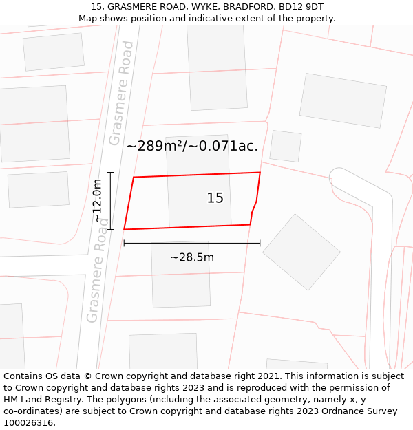 15, GRASMERE ROAD, WYKE, BRADFORD, BD12 9DT: Plot and title map