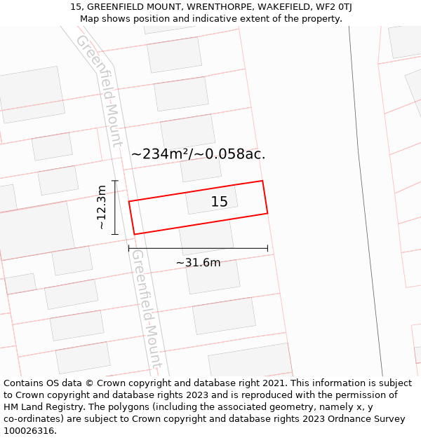 15, GREENFIELD MOUNT, WRENTHORPE, WAKEFIELD, WF2 0TJ: Plot and title map