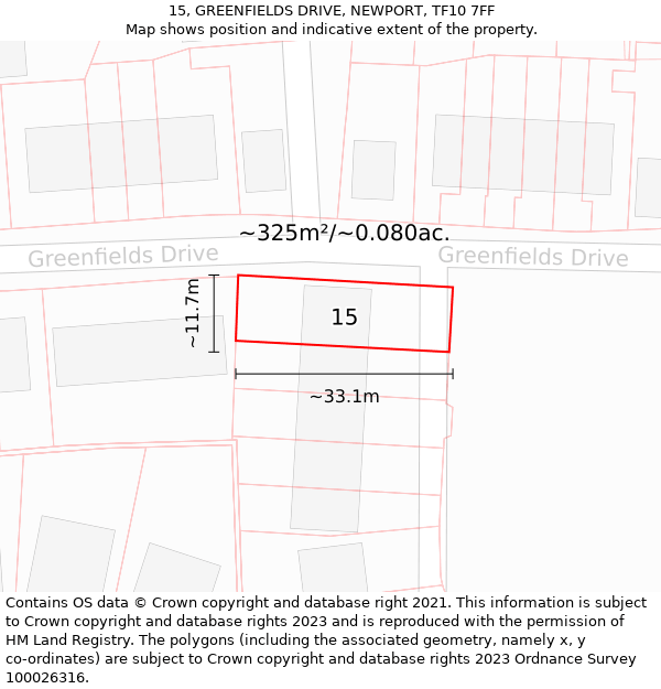 15, GREENFIELDS DRIVE, NEWPORT, TF10 7FF: Plot and title map