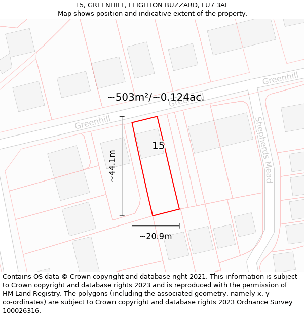 15, GREENHILL, LEIGHTON BUZZARD, LU7 3AE: Plot and title map