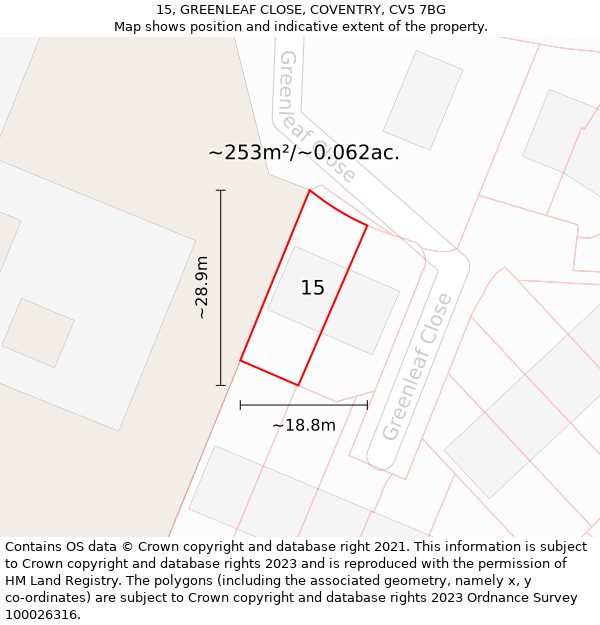 15, GREENLEAF CLOSE, COVENTRY, CV5 7BG: Plot and title map