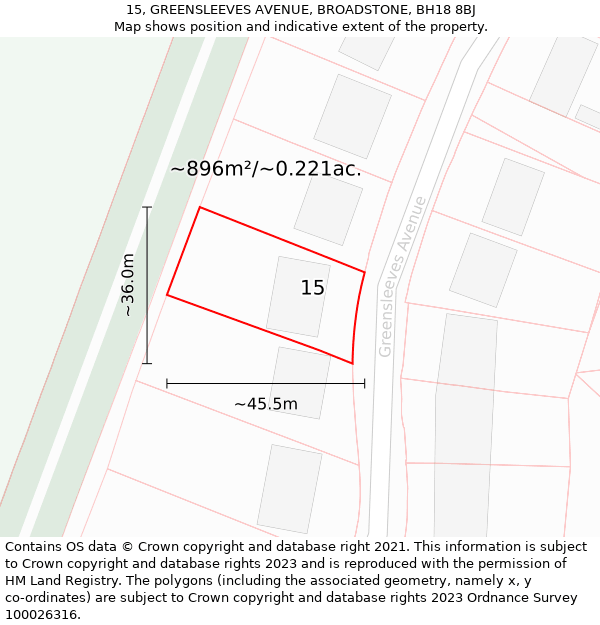 15, GREENSLEEVES AVENUE, BROADSTONE, BH18 8BJ: Plot and title map