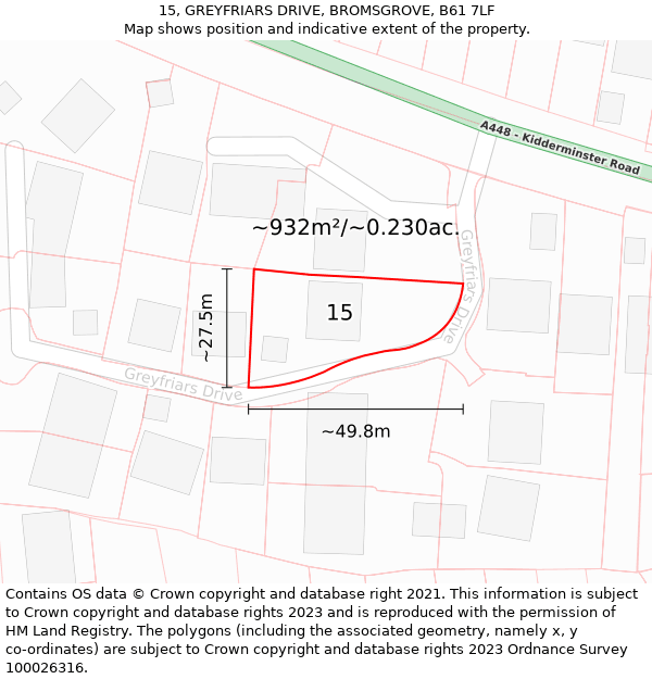 15, GREYFRIARS DRIVE, BROMSGROVE, B61 7LF: Plot and title map