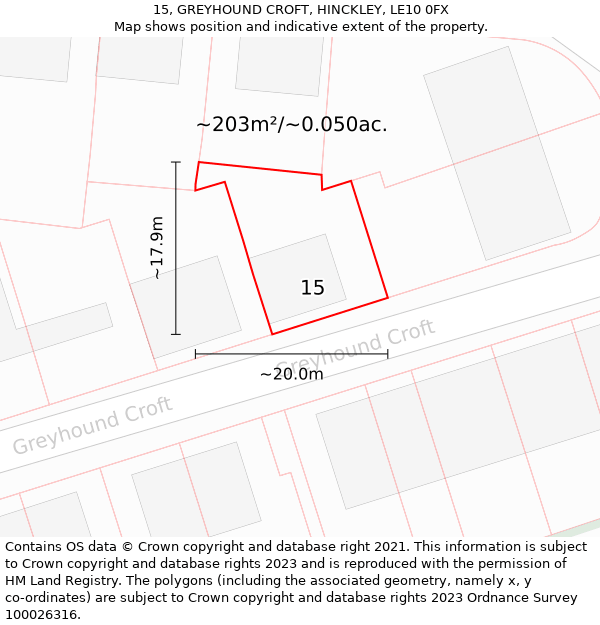 15, GREYHOUND CROFT, HINCKLEY, LE10 0FX: Plot and title map