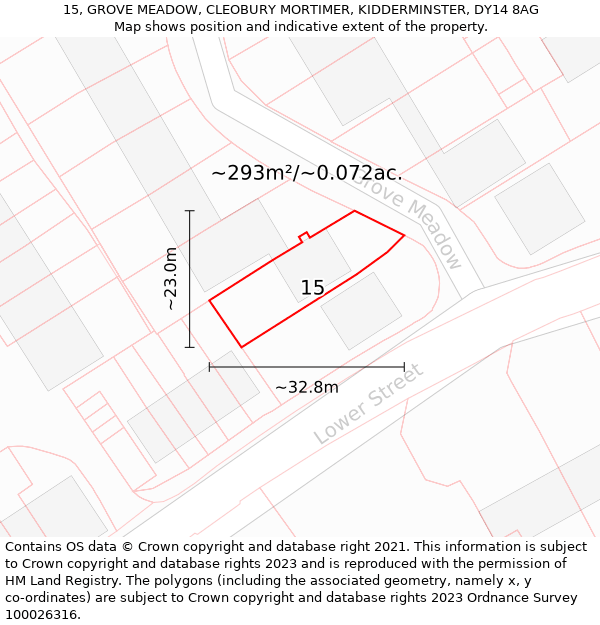 15, GROVE MEADOW, CLEOBURY MORTIMER, KIDDERMINSTER, DY14 8AG: Plot and title map