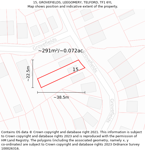 15, GROVEFIELDS, LEEGOMERY, TELFORD, TF1 6YL: Plot and title map