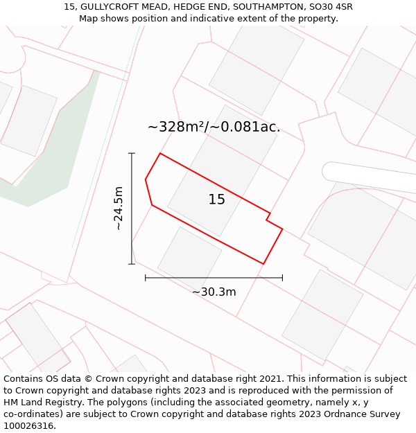 15, GULLYCROFT MEAD, HEDGE END, SOUTHAMPTON, SO30 4SR: Plot and title map