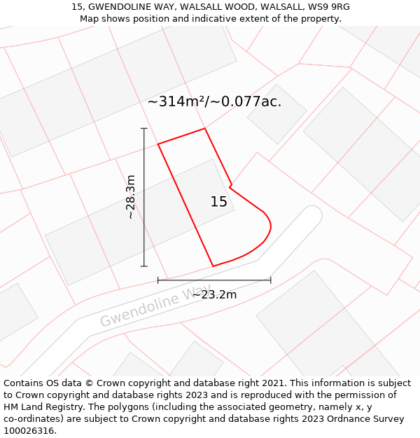 15, GWENDOLINE WAY, WALSALL WOOD, WALSALL, WS9 9RG: Plot and title map