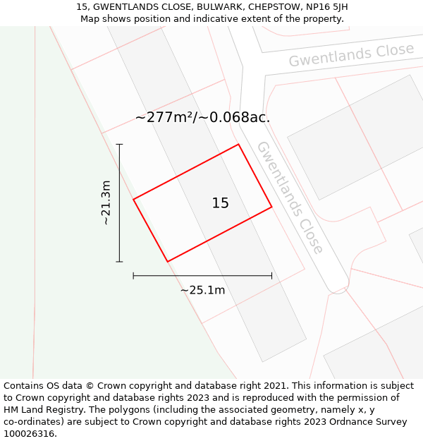 15, GWENTLANDS CLOSE, BULWARK, CHEPSTOW, NP16 5JH: Plot and title map