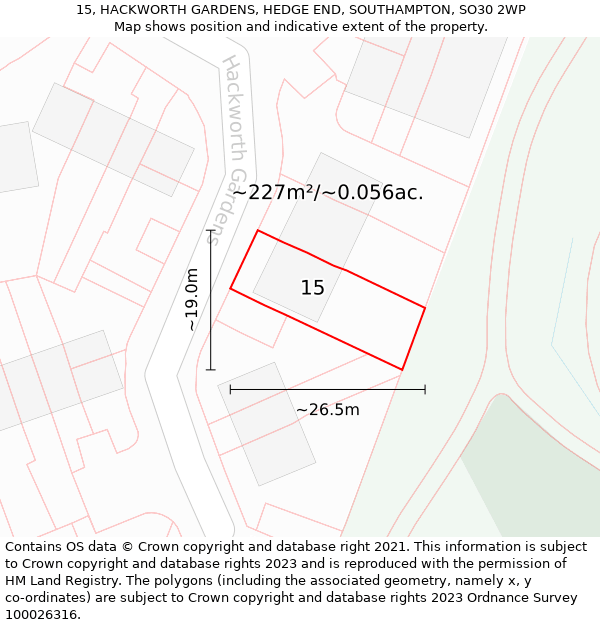 15, HACKWORTH GARDENS, HEDGE END, SOUTHAMPTON, SO30 2WP: Plot and title map