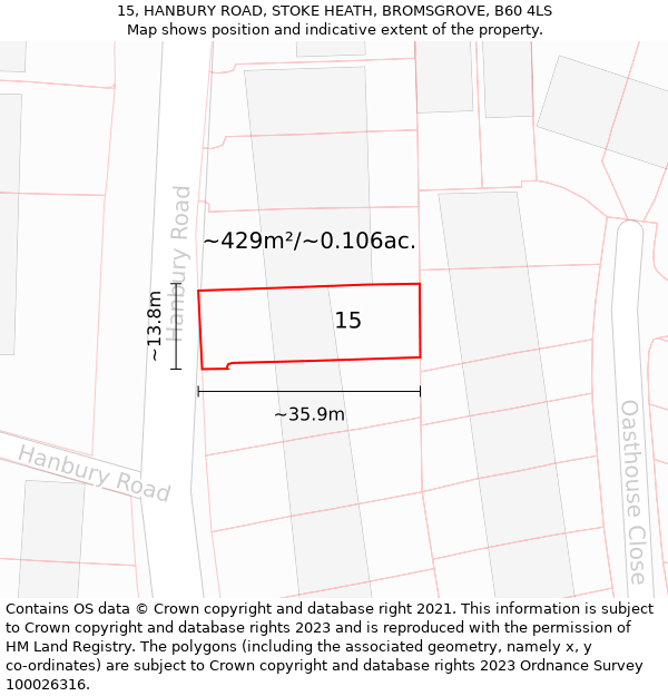 15, HANBURY ROAD, STOKE HEATH, BROMSGROVE, B60 4LS: Plot and title map