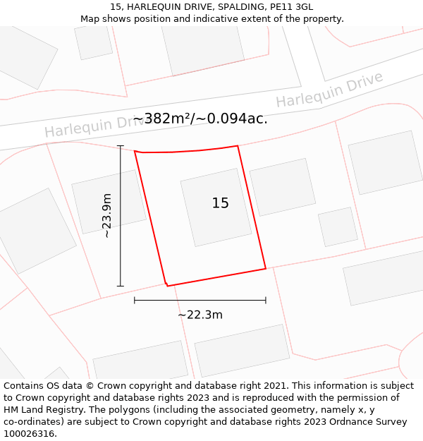 15, HARLEQUIN DRIVE, SPALDING, PE11 3GL: Plot and title map