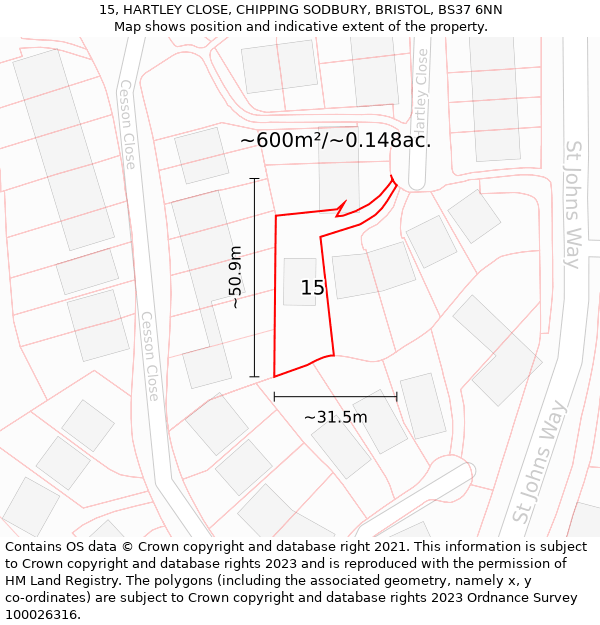 15, HARTLEY CLOSE, CHIPPING SODBURY, BRISTOL, BS37 6NN: Plot and title map