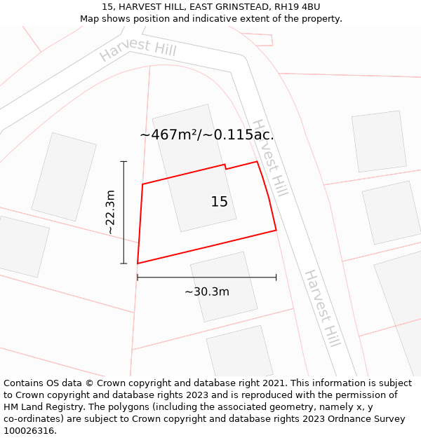 15, HARVEST HILL, EAST GRINSTEAD, RH19 4BU: Plot and title map