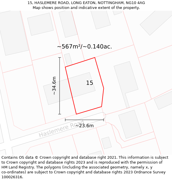 15, HASLEMERE ROAD, LONG EATON, NOTTINGHAM, NG10 4AG: Plot and title map