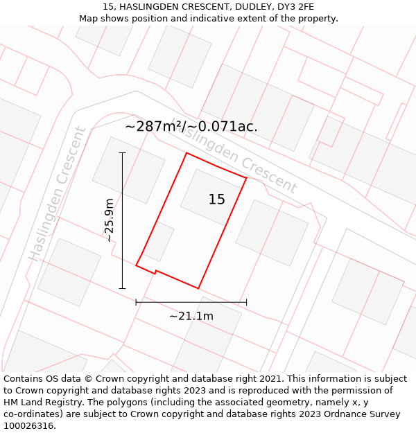 15, HASLINGDEN CRESCENT, DUDLEY, DY3 2FE: Plot and title map