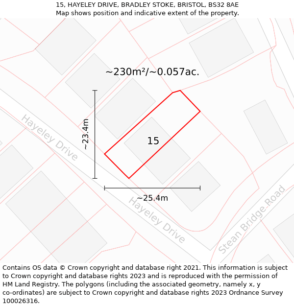 15, HAYELEY DRIVE, BRADLEY STOKE, BRISTOL, BS32 8AE: Plot and title map