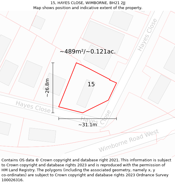 15, HAYES CLOSE, WIMBORNE, BH21 2JJ: Plot and title map