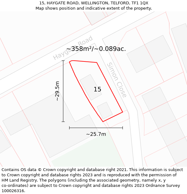 15, HAYGATE ROAD, WELLINGTON, TELFORD, TF1 1QX: Plot and title map