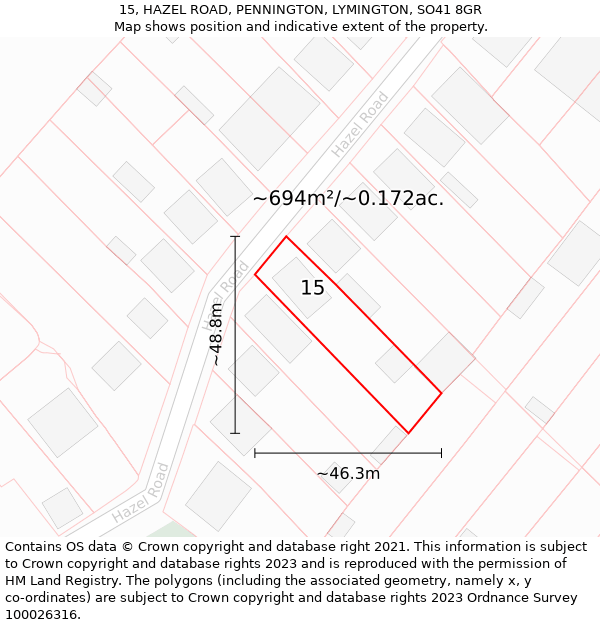 15, HAZEL ROAD, PENNINGTON, LYMINGTON, SO41 8GR: Plot and title map