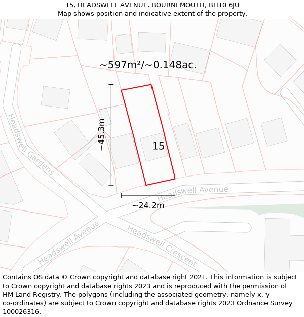 15, HEADSWELL AVENUE, BOURNEMOUTH, BH10 6JU: Plot and title map