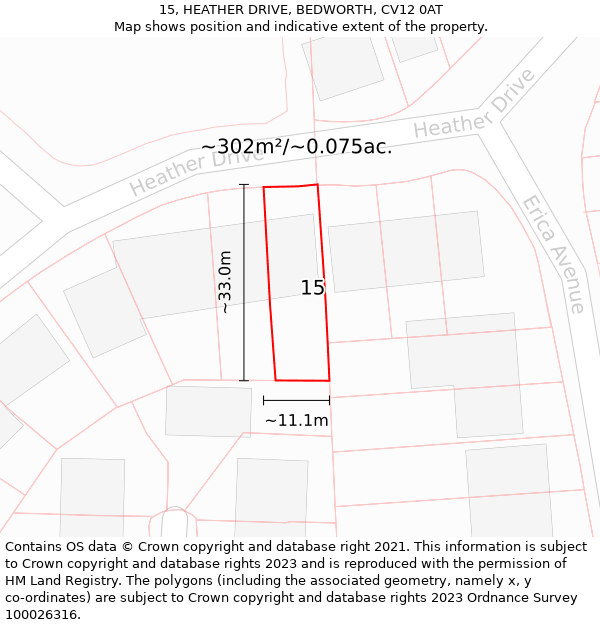 15, HEATHER DRIVE, BEDWORTH, CV12 0AT: Plot and title map