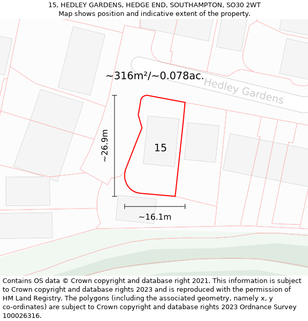 15, HEDLEY GARDENS, HEDGE END, SOUTHAMPTON, SO30 2WT: Plot and title map