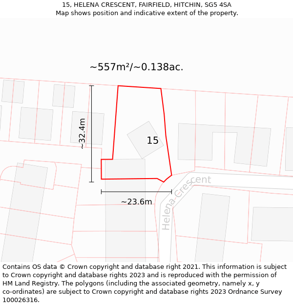 15, HELENA CRESCENT, FAIRFIELD, HITCHIN, SG5 4SA: Plot and title map