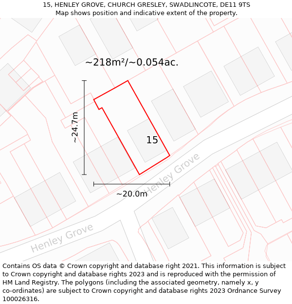 15, HENLEY GROVE, CHURCH GRESLEY, SWADLINCOTE, DE11 9TS: Plot and title map