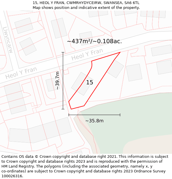 15, HEOL Y FRAN, CWMRHYDYCEIRW, SWANSEA, SA6 6TL: Plot and title map