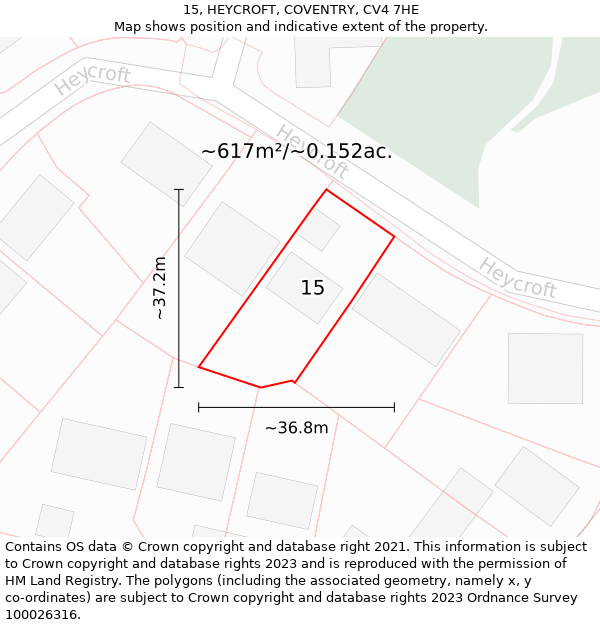 15, HEYCROFT, COVENTRY, CV4 7HE: Plot and title map