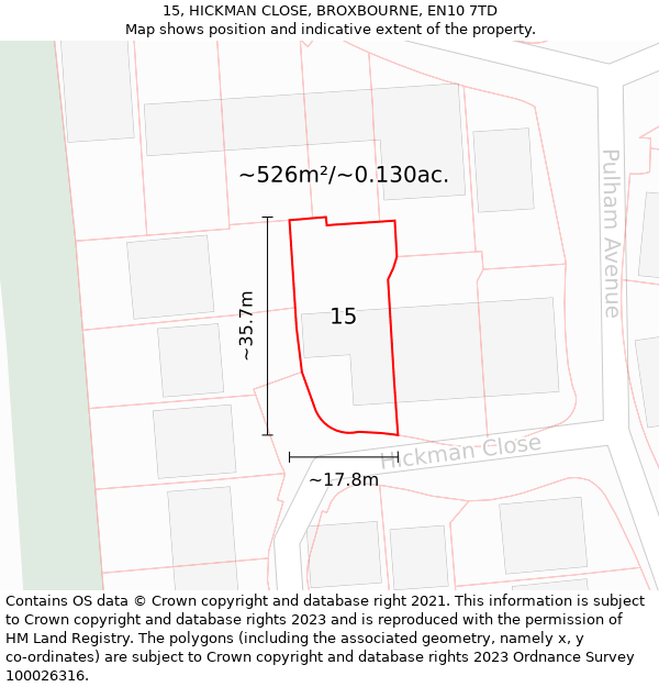 15, HICKMAN CLOSE, BROXBOURNE, EN10 7TD: Plot and title map