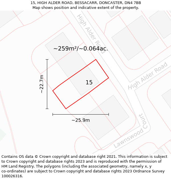 15, HIGH ALDER ROAD, BESSACARR, DONCASTER, DN4 7BB: Plot and title map