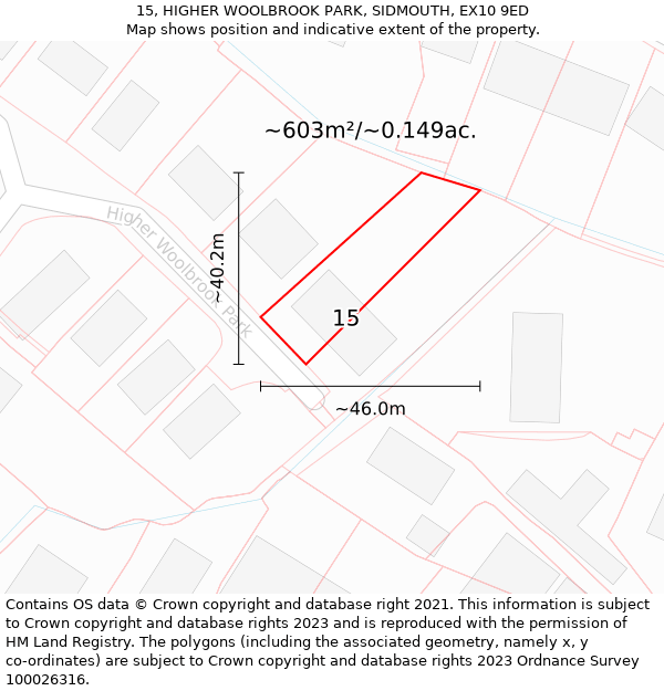 15, HIGHER WOOLBROOK PARK, SIDMOUTH, EX10 9ED: Plot and title map