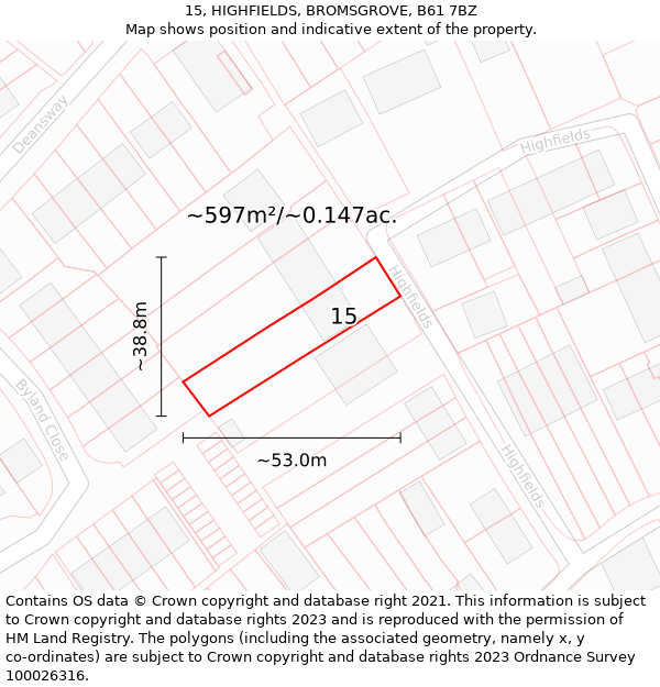 15, HIGHFIELDS, BROMSGROVE, B61 7BZ: Plot and title map