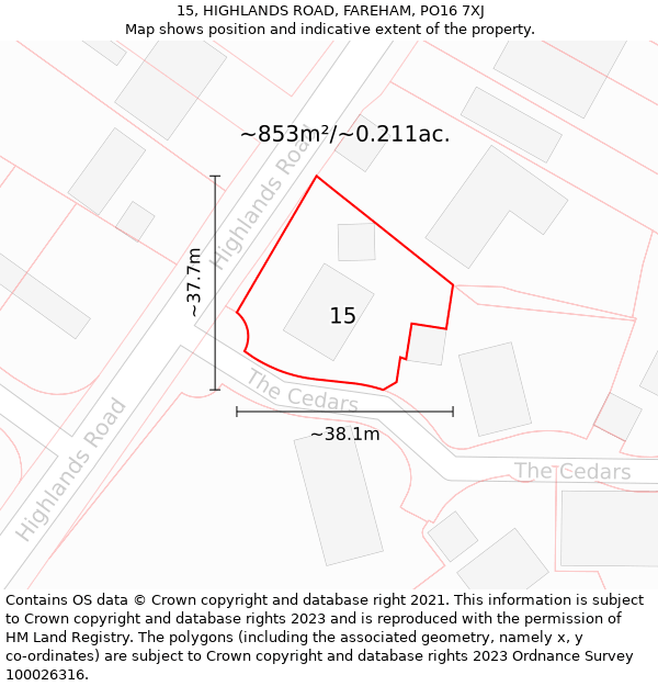 15, HIGHLANDS ROAD, FAREHAM, PO16 7XJ: Plot and title map