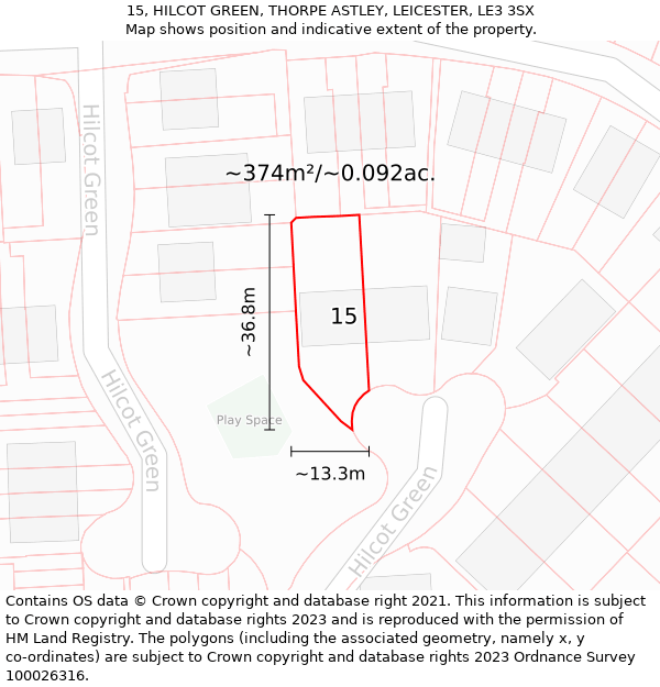 15, HILCOT GREEN, THORPE ASTLEY, LEICESTER, LE3 3SX: Plot and title map