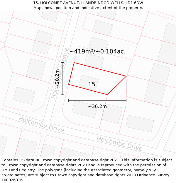 15, HOLCOMBE AVENUE, LLANDRINDOD WELLS, LD1 6DW: Plot and title map