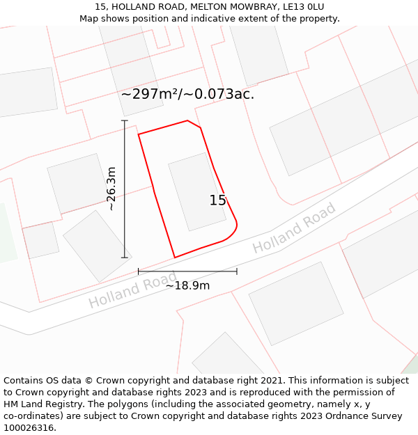 15, HOLLAND ROAD, MELTON MOWBRAY, LE13 0LU: Plot and title map