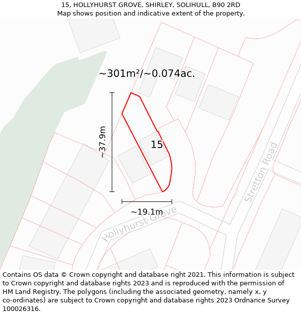 15, HOLLYHURST GROVE, SHIRLEY, SOLIHULL, B90 2RD: Plot and title map