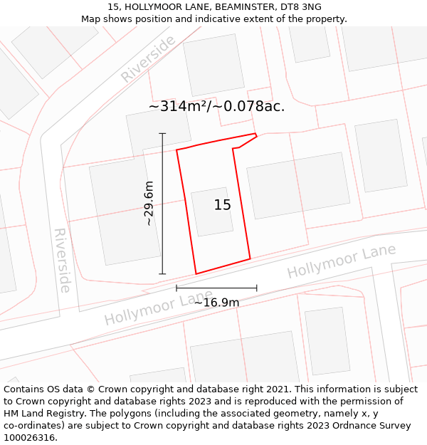 15, HOLLYMOOR LANE, BEAMINSTER, DT8 3NG: Plot and title map