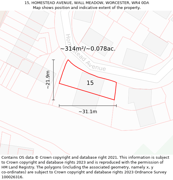 15, HOMESTEAD AVENUE, WALL MEADOW, WORCESTER, WR4 0DA: Plot and title map